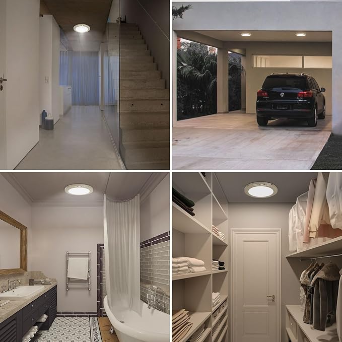 Battery Operated LED Celling Lights Fixture with Auto Motion Sensor, Smart Body Sensor Ceiling-mounted Lamps with 3 Colors/Brightness, Motion Detection Magnetic Celling Lights for Closet Shower-Gold