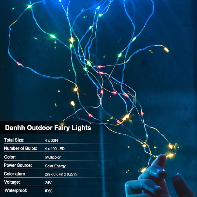 4 Pack Solar Fairy Lights 131.2Ft 400 LED, Twinkle Lights with 8 Modes, Waterproof Silver Wire String Lights for Garden Patio Party Weding Decorations (Multicolor)
