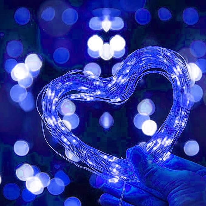 LAMPHOME 100 LED Blue Fairy Lights Battery Operated, Mini Battery Powered Copper Wire Starry String Lights,Light Length 32.5Ft, Multi Functions & Timer, with Remote Indoor/Outdoor use