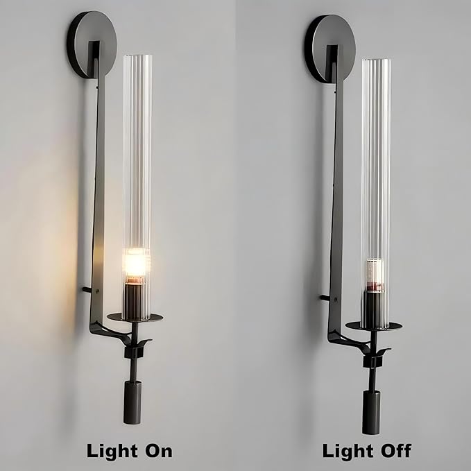 LIGHTLAND Black Wall Sconces Set of 2, 28 Inch Modern Metal Glass Wall Light Fixture, Wall Lamp for Living Room Bedroom Hallway