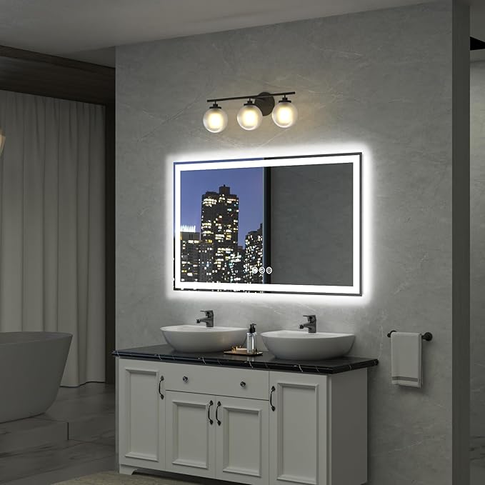 60"x 36" LED Bathroom Mirror, Double Lighting Sources Dimmable, Backlit + Front Lit, Anti-Fog, Stepless Dimmable, Lighted Bathroom Vanity Mirror for Wall Tempered Glass (Horizontal/Vertical)