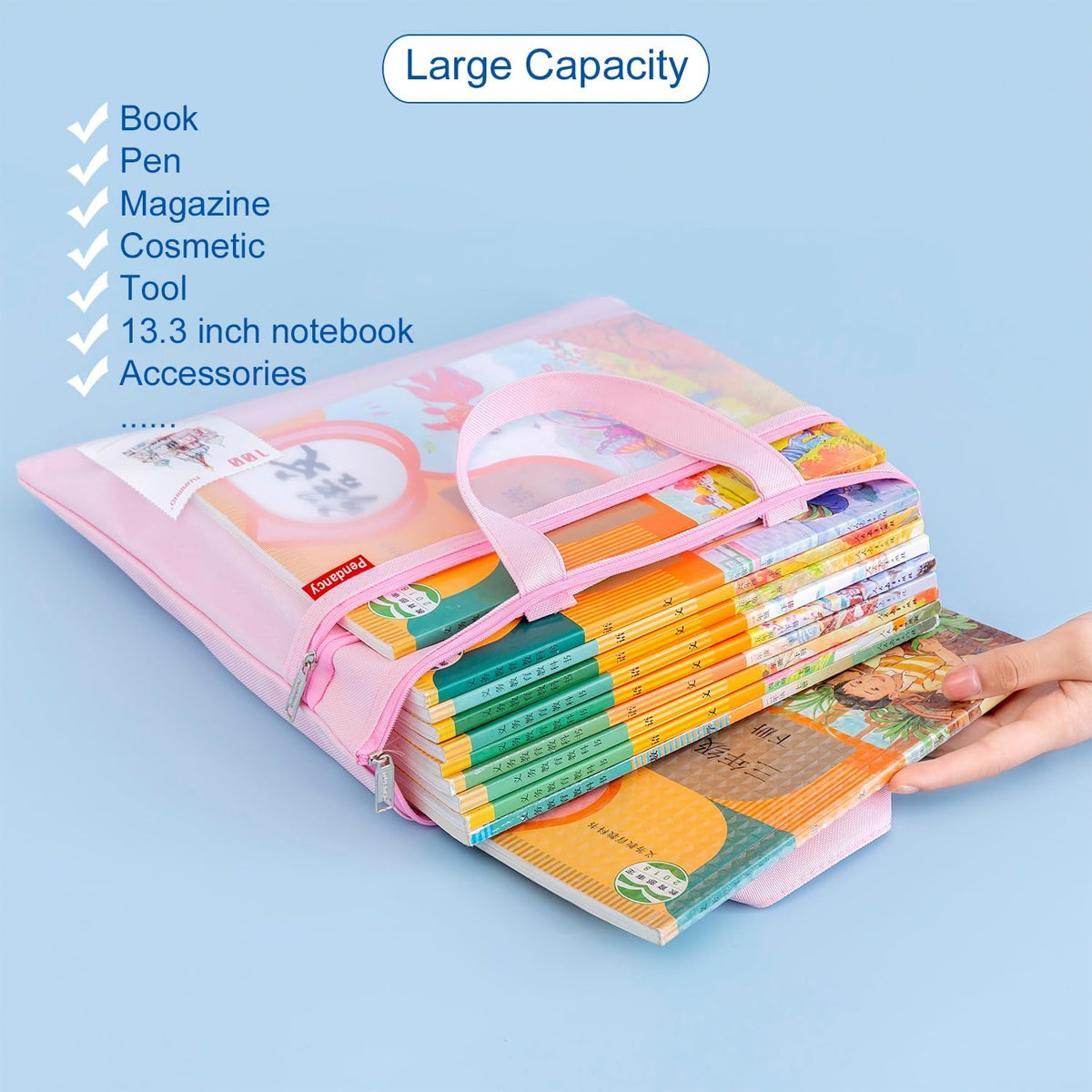 Pendancy Mesh Zipper Pouch 11x13.7 in, 2 pcs Large Double Pocket Waterproof File Bag with Handle, A4 Size Foldable Document Storage for Puzzle Project/Cross Stitch/Travel/Office(Green Pink)