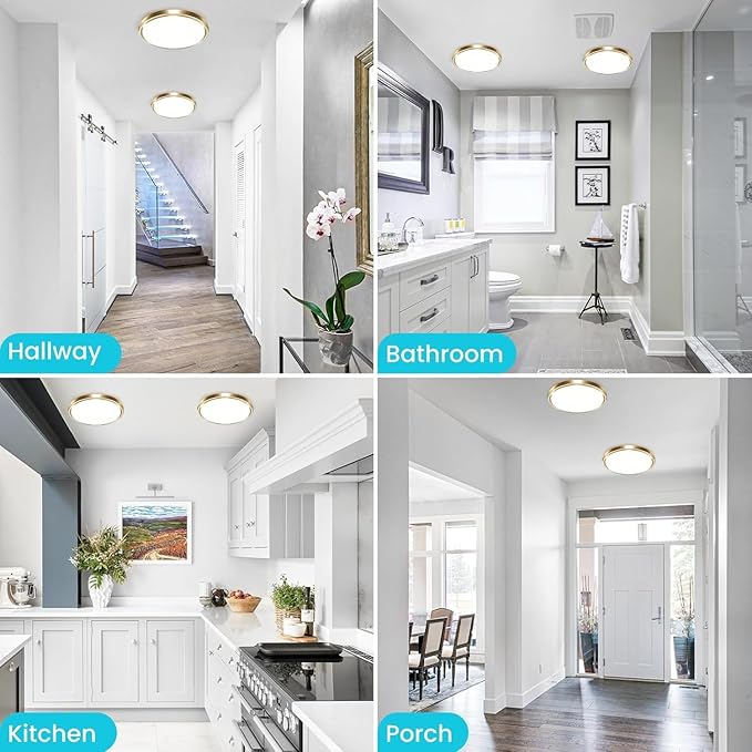zemty LED Ceiling Light Fixture, 6.5-Inch 12W 1200lm Small Flush Mount Light, Adjustable 3000K 4000K 6500K Color Temperatures, Round Flat Recessed Lamp for Kitchen Closet Hallway Laundry, Gold