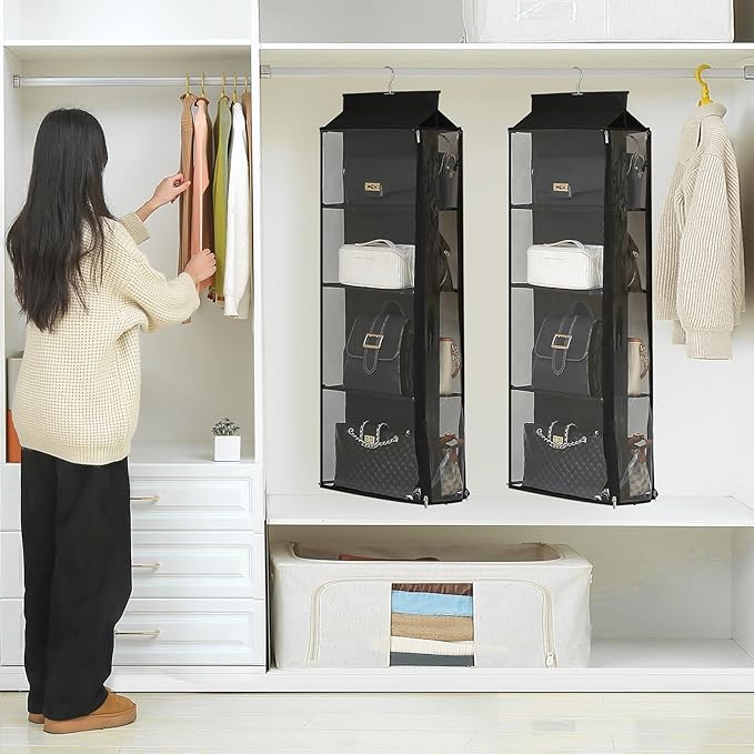 8 Grids in 1 Pack Hanging Purse Handbag Organizer with Double Zippers, Visible Purse Organizer for Closet, Fully Enclosed Purse Storage Holder-Black