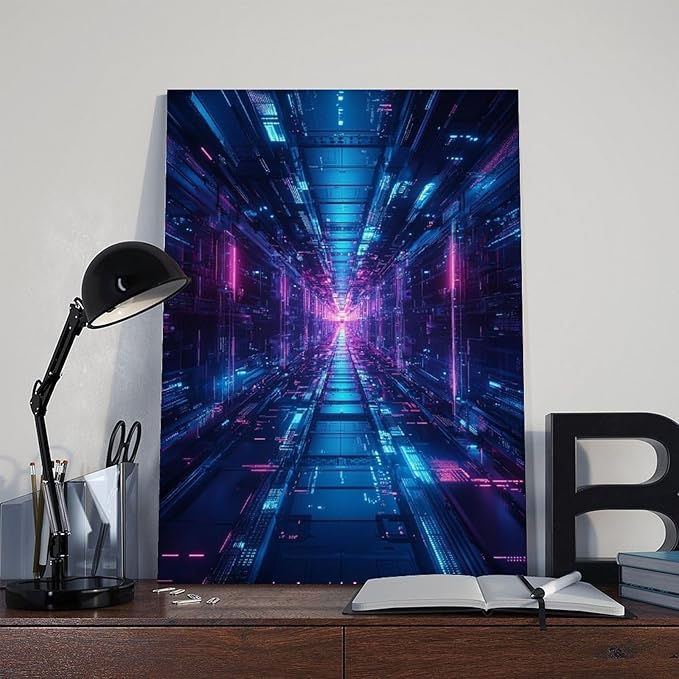 High-Tech Digital Abstract Wall Art – Glowing Geometric Canvas Print – Minimalist Futuristic Aesthetic Home Decor Poster Canvas Artwork Prints Rustic Farmhouse Decorations for Living Room Bathroom Bed