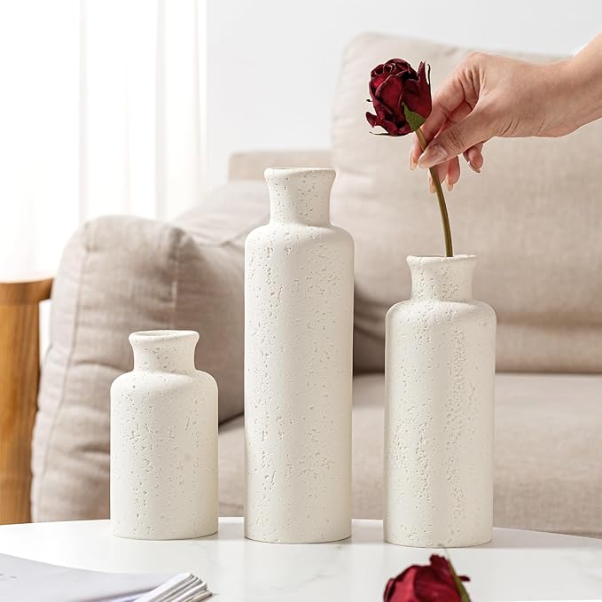 Flower Vase Set, Stone Look, 3 PCS Small Decorative Bud Vases for Pampas Grass, Farmhouse Decor, Kitchen, Living Room, Bathroom, Bedroom, Office, Shelf Centerpiece Table Decoration (White)