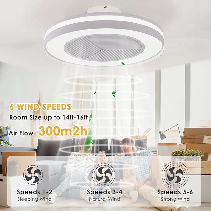 Smart Low Profle Ceiling Fans with RGB Lights Remote/APP/Voice Control, 20" Bladeless Ceiling Fans with 6 Speeds, Timer, Quiet DC Motor, Ceiling Fan with Light for Kids Bedroom/Living Room