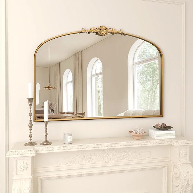 Besdomus Ornate Arched Large Mirror: 48"x33" Oversize Gleaming Gold Vintage Wall Mounted Mirror - Baroque Traditional Antique for Fireplace/Bathroom/Living Room - Home Decor for Homemakers