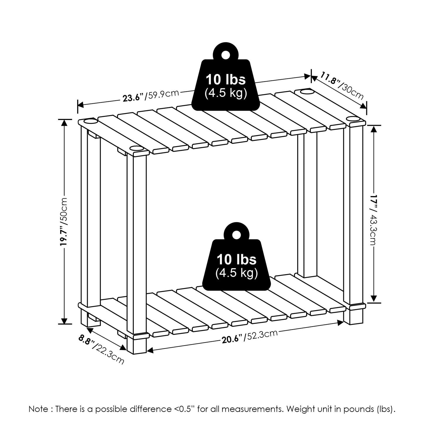 Furinno Pangkor 2-Tier Turn-N-Tube Indoor Outdoor Plant Shelf Large Rectangle Wood Stand with Square Poles, Natural/Black