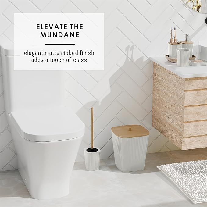 Clara Clark Bathroom Set - White Bathroom Accessories Set, 6PC Bathroom Accessory Set, Bathroom Sets with Bathroom Rugs, Toilet Brush, Trash Can & Soap Dispenser