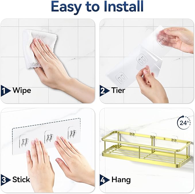 YASONIC Shower Caddy Adhesive, No Drill Bathroom Shower Organizers, with Removable Hooks and Soap Holder, Rust Proof Shower Shelves, Wall-Mounted Shower Holder, 3 Pack, Gold
