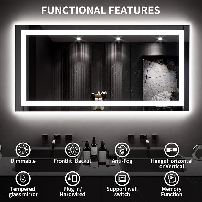 LOAAO 66"X40" LED Mirror for Bathroom, Lighted Bathroom Mirror with Lights, Anti-Fog, Dimmable, Memory Function, Easy to Install, Clear Reflection