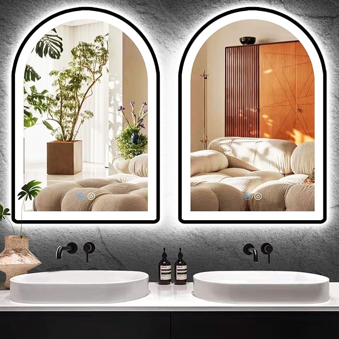 16 x 24 Inch Black LED Arch Mirror with Lights Black Frame Arched LED Vanity Mirror for Bathroom Wall Makeup Desk Black Framed Arch Lighted Mirror 3Color AntiFog 24" Arch Smart Light up Mirror