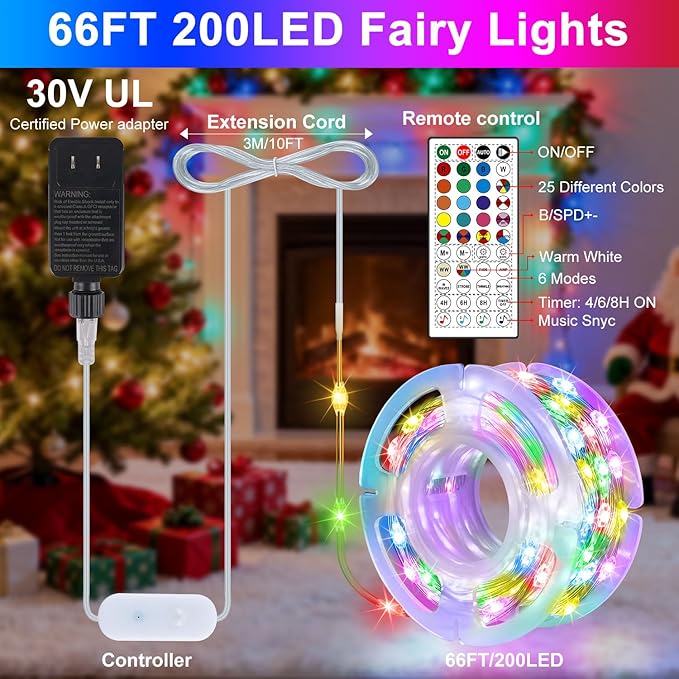 OMIKA Fairy Lights Plug in, 66FT 200 LED Smart String Lights Plug in with Remote & APP Controlled, Warm White + RGB Music Sync Timer Indoor String Lights, for Room Bedroom Classroom Holiday Decor