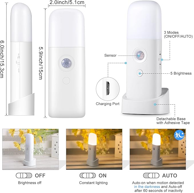 YELKO Rechargeable Motion Sensor Night Light, Battery Operated nightlights, Dimmable Motion Sensor Light Indoor, Cordless Motion Activated Night Lights for Adults, Hallway (Cool White 4Pack)