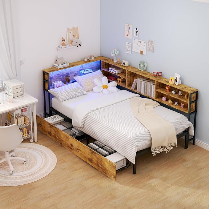 Corner Bed Frame Twin with Storage, L Shaped Daybed for Kids, Twin Corner Bed with Drawers, Shelves, RGB LED Lights & Charging Station, Sturdy Metal Kids Twin Bed for Girls Boys,Brown