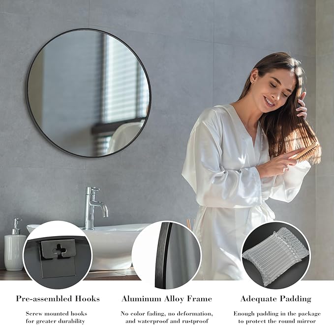 Sweetcrispy Black Round Wall Mirror 24 Inch, Bathroom Mirrors for Over Sink, Circle Mirror for Bathroom, Entryway, Bedroom, Vanity