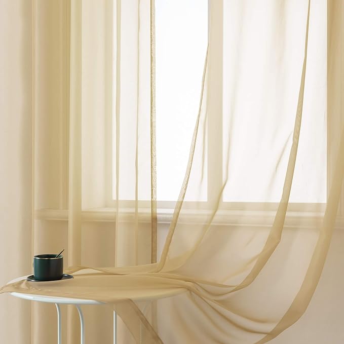 DUALIFE Tan Beige Sheer Curtains with Grommet,Look Semi Natural Taupe Sheer Windows Panels,Elegant Solid Color Touch Soft Drapes, 52X96 Inch for Living Room Bedroom,Set of 2 Panels Khaki