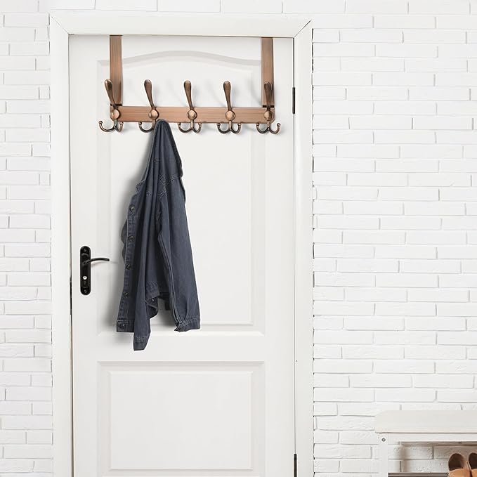 Dseap Over The Door Hook Hanger - Fits 1 3/8" to 1 3/4" Standard Doors | 5 Tri Hooks Heavy Duty Towel/Coat Rack | Door Organizer for Clothes, Jackets, Hats, Towels, Antique Copper