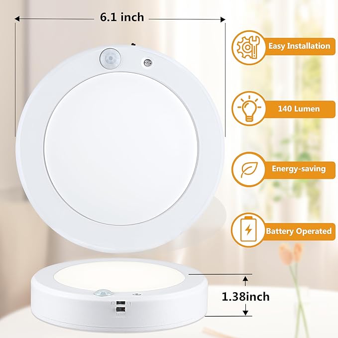 LIT-PaTH Battery Operated Motion Sensor LED Ceiling Light, 3000K 6.1inch 140 Lumens Battery Powered Wireless Motion Ceiling Light for Hallway Laundry Stair Pantry,4-Pack (Battery Not Included)