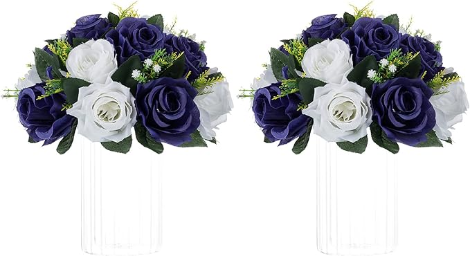 NUPTIO Artificial Flower Centrepieces for Tables - 2 Pcs 9.5in Diameter Navy Blue & White Fake Flowers Roses Balls - Silk Faux Rose Arrangement for Wedding Party Centerpiece Table Decorations