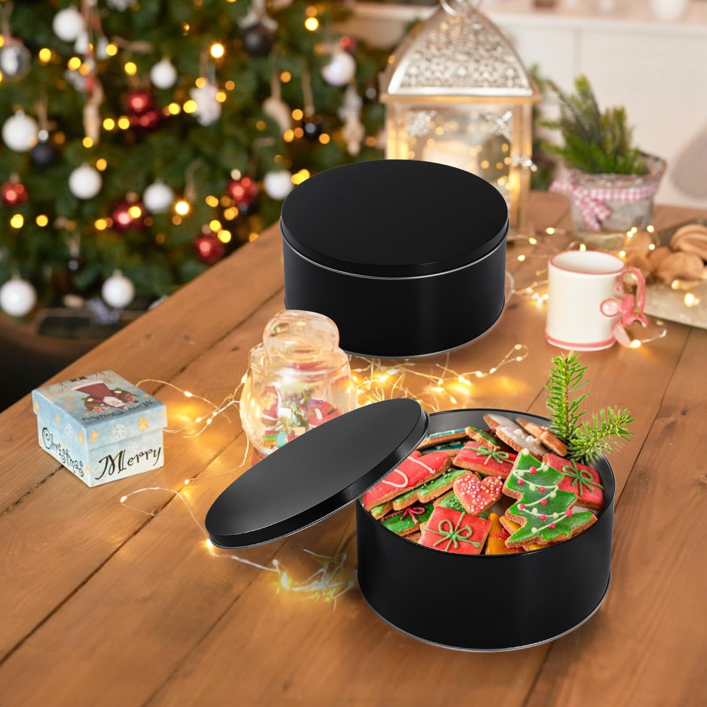 Yopay 3 Pack Cookie Tin with Lid, Round Gift Tin, Black Baking Cake Container for Storing Patisseries, Snack, Chocolate, Easter, Special Occasion, Holidays, 7" Wide by 3.2"" Tall"