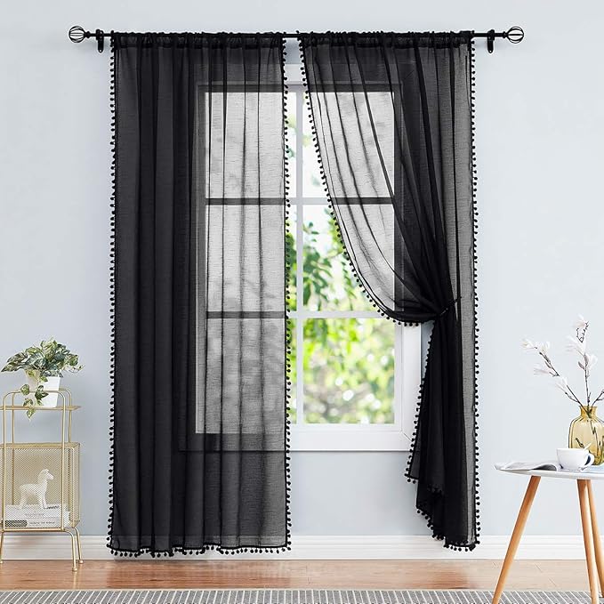Treatmentex Black Pom Pom Sheer Curtains for Bedroom 63" Linen Texture Decorative Voile Draperies Chic Solid Sheer Curtain Panels for Living Room 52" w 2 Pack