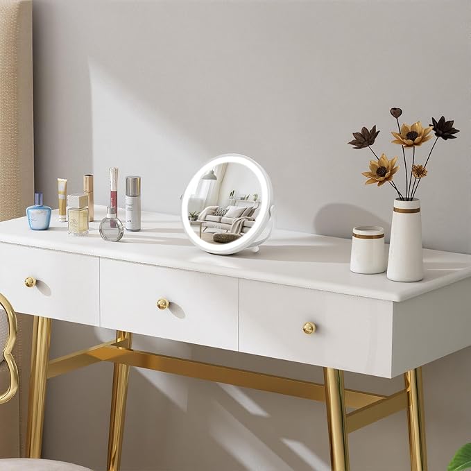 Travel Makeup Mirror, 8" Small Vanity Mirror with Lights, 1500mAH Battery, 3-Color Lighting, Dimmable, 360° Rotation, Round Portable Desk Mirror, Travel Essentials (White)