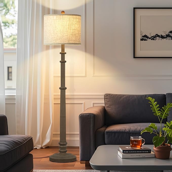 Floor Lamps for Living Room - 60" Resin Farmhouse Floor Lamp with Adjustable Color Temperatures - Vintage Standing Lamp Reading Light with Linen Shade Retro Tall Lamp for Bedroom Office, Grey