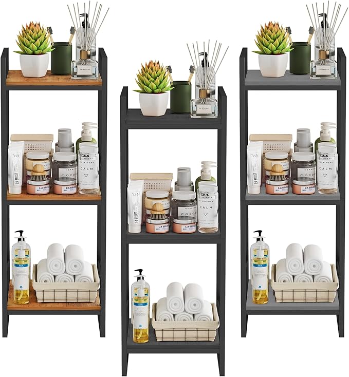 BYFU 3 Tier Bathroom Storage Open Shelf, Freestanding Metal Corner Storage Rack Shelving Unit for Bathroom Kitchen Living Room Hallway, Rustic Brown