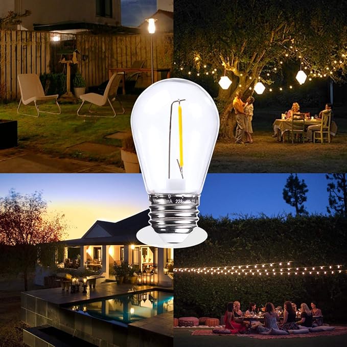 Jslinter 15 Pack Edison Bulb String Lights Outdoor, S14 Replacement Bulbs for Outdoor String Lights Waterproof 1W, E26 Base Led Light Bulb, 2700K Warm White Light Bulbs for Patio