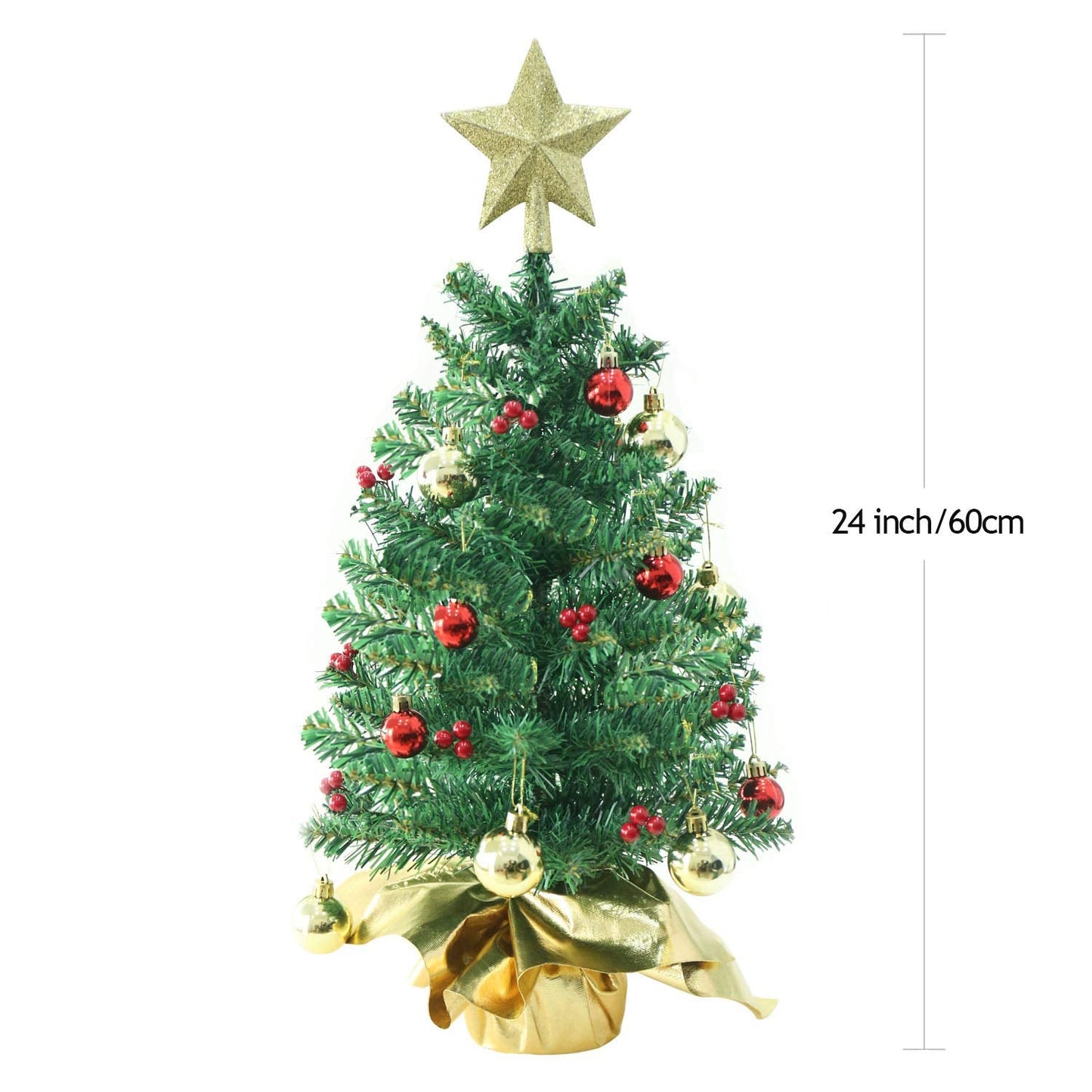 Liecho 24 Inch Tabletop Mini Christmas Tree, Miniature Pine Christmas Tree with Hanging Ornaments, Battery Operated Artificial Xmas Tree, Best DIY Christmas Decorations-Gold