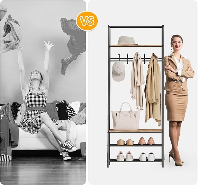 Jojoka 25" Coat Rack, Hall Tree with Shoe Bench and Storage, 4-Tier Shelf with 5 Hooks, Freestanding Metal Entryway Organizer for Hallway, Accent Furniture for Bathroom