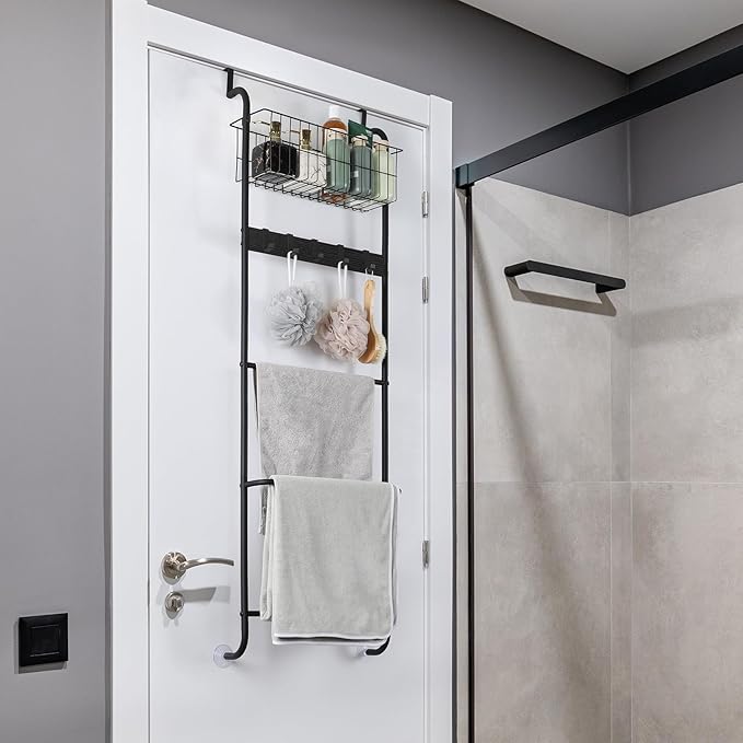 Over The Door Towel Rack 5 Tier Over The Door Towel Bar with Hooks Metal Towel Hanger for Bathroom Towel Holder Over Door with Basket for Bathroom Bedroom (Black)