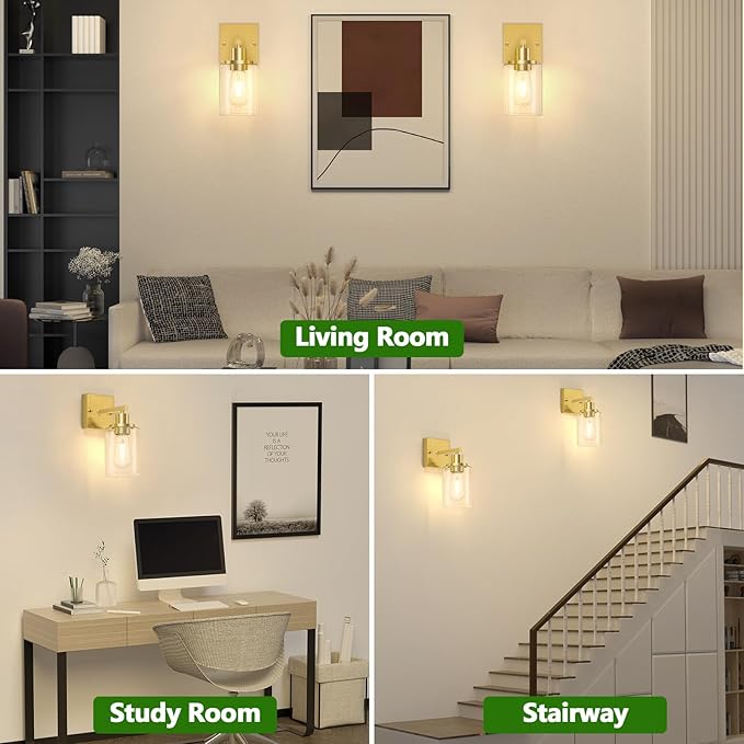 Licperron Gold Wall Sconces Set of 2, Bathroom Sconces Wall Lighting with Clear Glass Shade, Modern Brushed Glod Vanity Wall Light Fixtures for Bedroom, Mirror, Living Room, Hallway, E26 Base