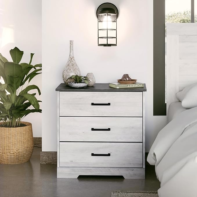 Prepac Rustic Ridge Farmhouse 3-Drawer Nightstand, Chest of Drawers for Bedroom, Wooden Bedroom Dresser with 3 Storage Drawers, 16.25in x 27.5in x 26.75in, Washed White