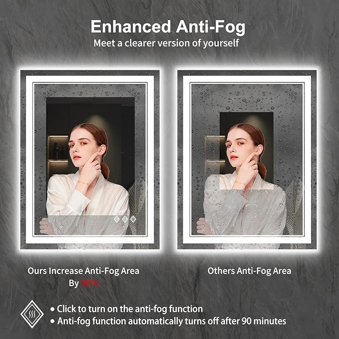 LED Bathroom Mirror, 24x32 Inch Gradient Front and Backlit LED Mirror for Bathroom, 3 Colors Dimmable CRI>90 Double Lights, IP54 Enhanced Anti-Fog, Hanging Plates Vanity Mirror with Lights