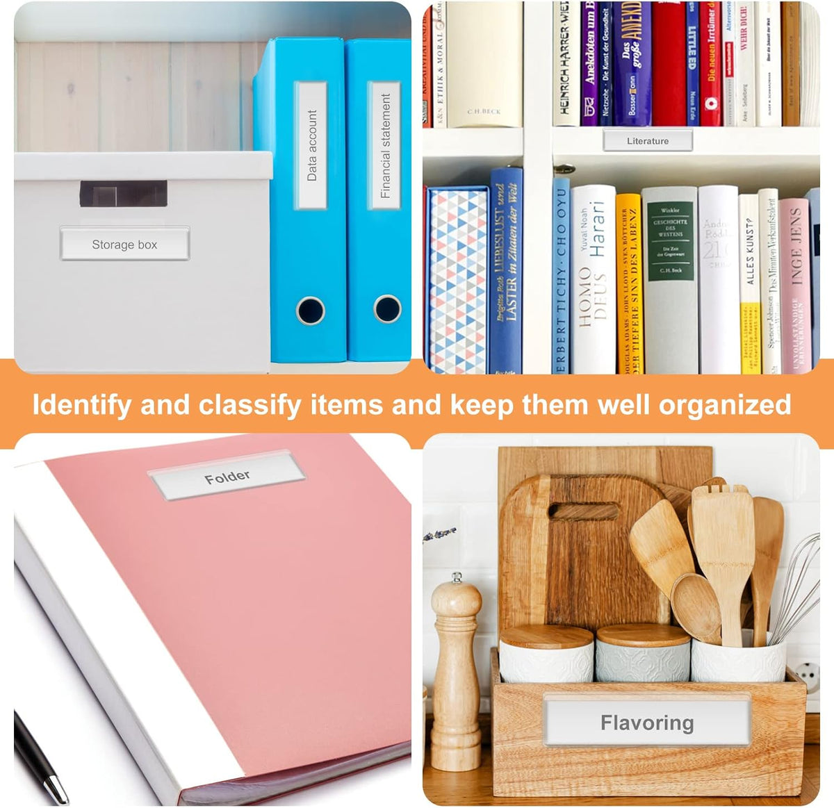Label Holders Adhesive Shelf Tags - Fushing 50Pcs Clear Plastic Labels for Storage Bins with Name Label Badge Inserts, Removable Adhesive Pockets for Shelf Mailbox Binders Drawers Cabinets Organizer
