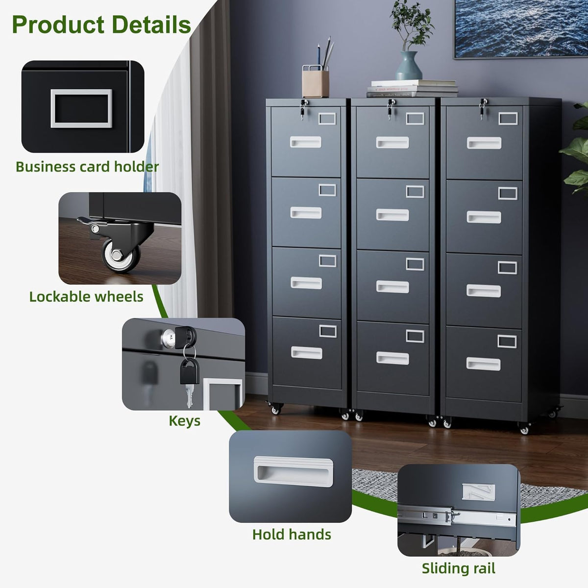 Aobabo 4 Drawer File Cabinet with Wheels, Lockable Metal Filing Cabinet with Name Card for Office and Home,Assembly Required,Black
