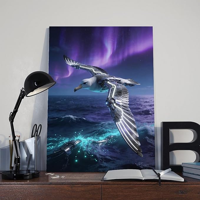 Framed Steampunk Mechanical Seagull Wall Art - Aurora Ocean Retro Poster for Bedroom Game Room Decor 12x18inch(30x45cm)