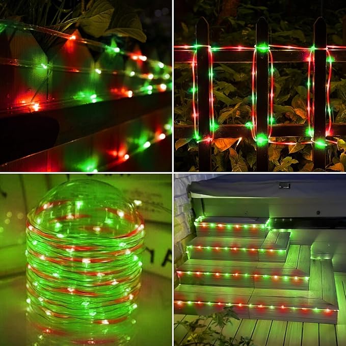 Solar Rope Lights, 2 Packs Total 132ft 400LED Solar String Lights, 8 Modes Waterproof Solar Powered Outdoor Light, Flexible Clear Tube Light for Garden Yard Patio Deck Porch Tree Xmas Decor -Red&Green