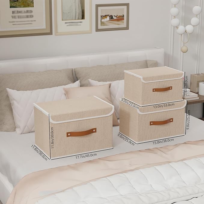 Yawinhe Collapsible Storage Boxes, Linen Fabric Baskets, Bin with lid and Leather Handle, Washable, for Home, Closet, Beige, 15.0''Lx9.8''Wx9.8''H, 1-Pack, USNK024BEL-1