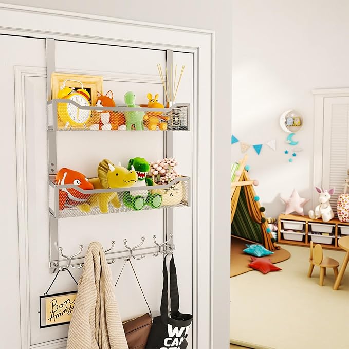 SWTYMIKI Over The Door Hook with 16 Hooks & 2 Mesh Baskets - Heavy Duty Over The Door Organizer Hanger for Towels, Coats, Clothes - Space Saving Hanging Rack for Bathroom, Living Room, Silver