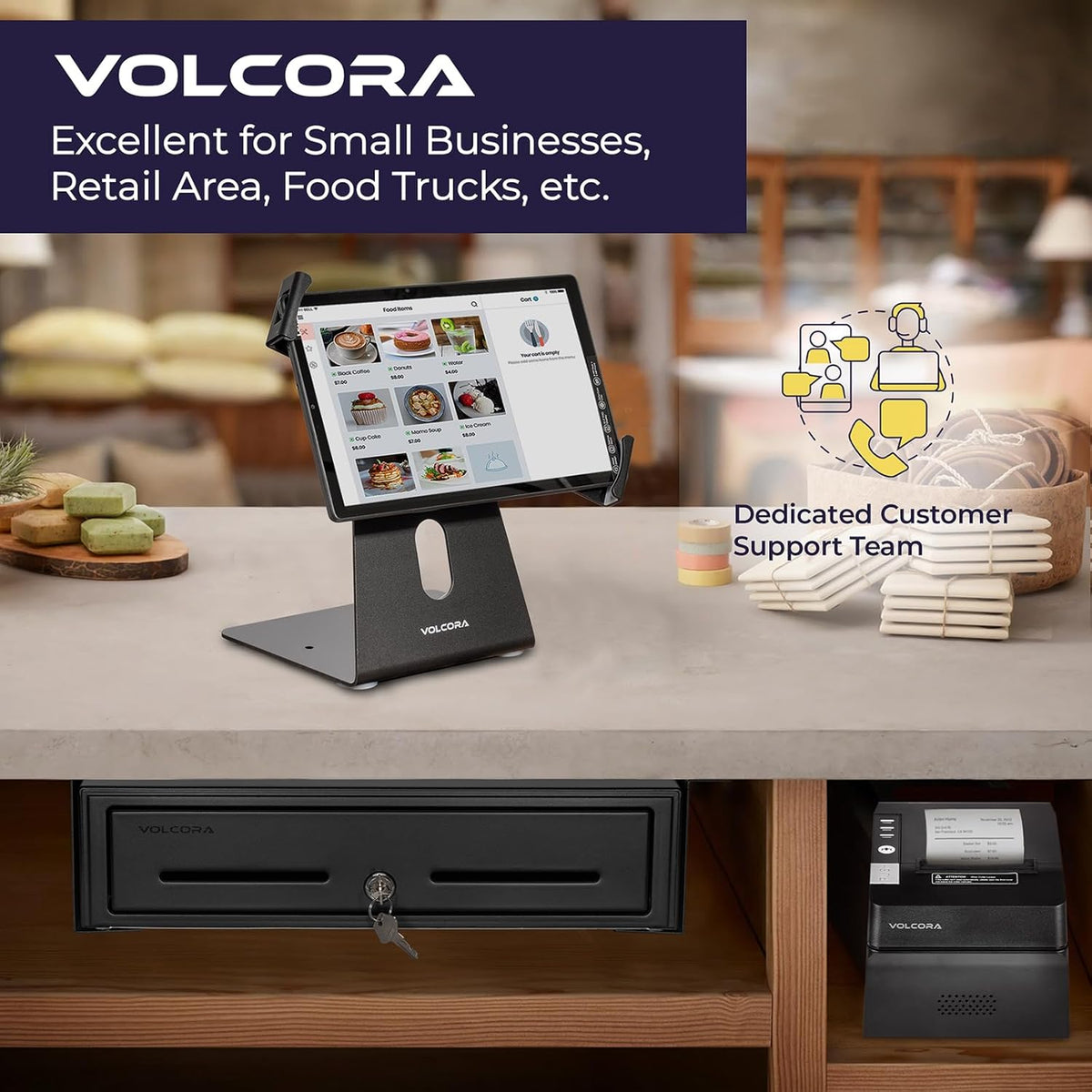 Volcora Manual Push Open Cash Register Drawer with Under Counter Mounting Metal Bracket - 16" Black Front Touch Panel Cash Drawer for POS, Fully Removable 5 Bill 8 Coin Tray, Key-Lock