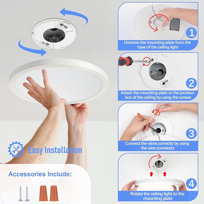 SunRider 2-Pack LED Flush Mount Ceiling Light Fixture, 5000K Daylight White, 2400LM, 12 Inch 24W 240W Equiv. Round Flat Ceiling Lamp, Non-Dimmable