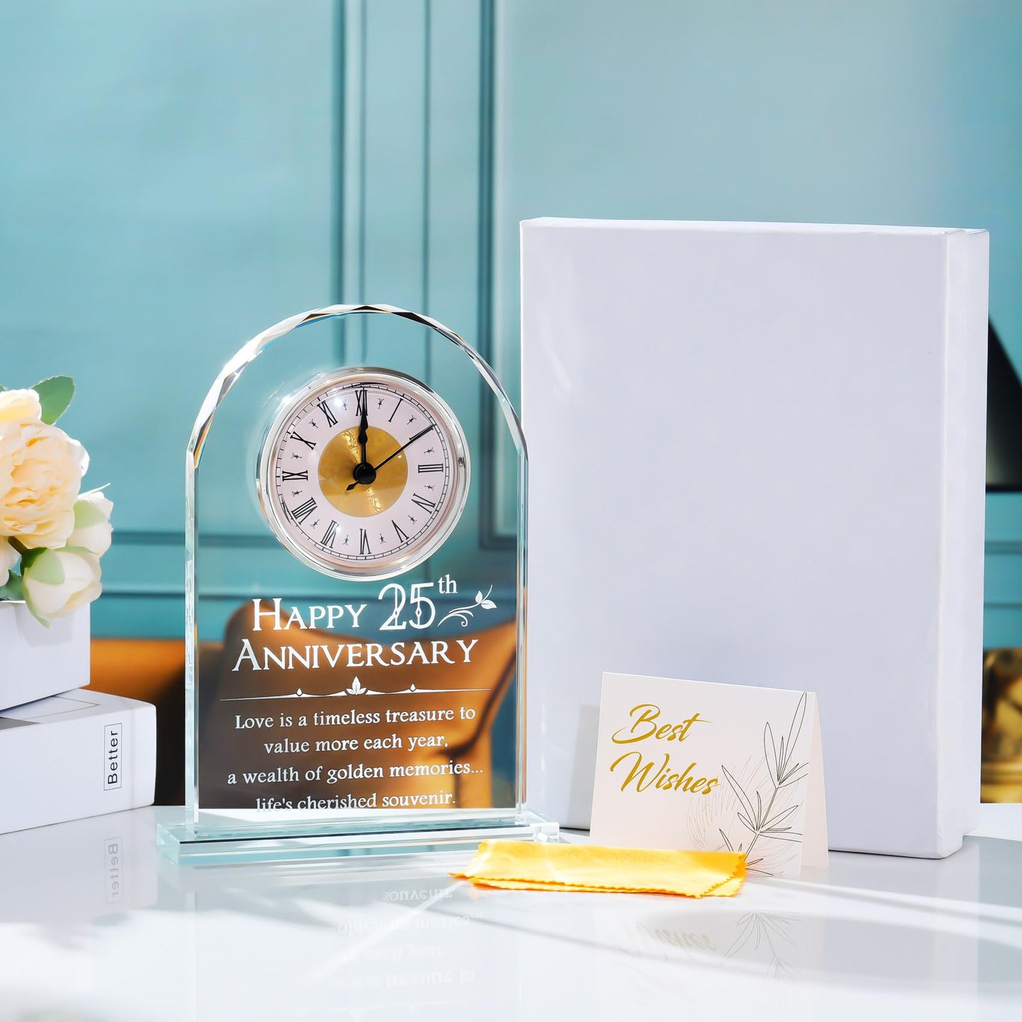 YWHL 25th Wedding Anniversary Clock Gifts for Couple, 25 Year Anniversary Keepsake Gifts for Husband/Wife, Glass Clock Decoration for 25 Years for Marriage (Battery not Included)