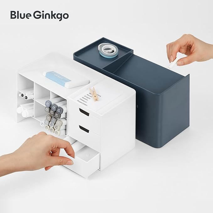 BLUE GINKGO Hive Stack Desk Organizer – Stackable Pen Holder, Stationary Organizer with Drawers - Office Storage, School Supplies, Makeup (Made in Korea, White Transperent)