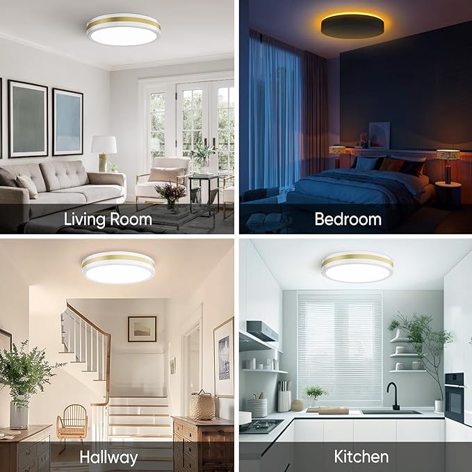 13 Inch Flush Mount Ceiling Light with Night Light, 5CCT Modern White Gold LED Ceiling Light Fixture, 25W 2500LM 2700K-6500K Adjustable, Dimmable Light Fixtures Ceiling Mount for Bedroom Hallway, ETL