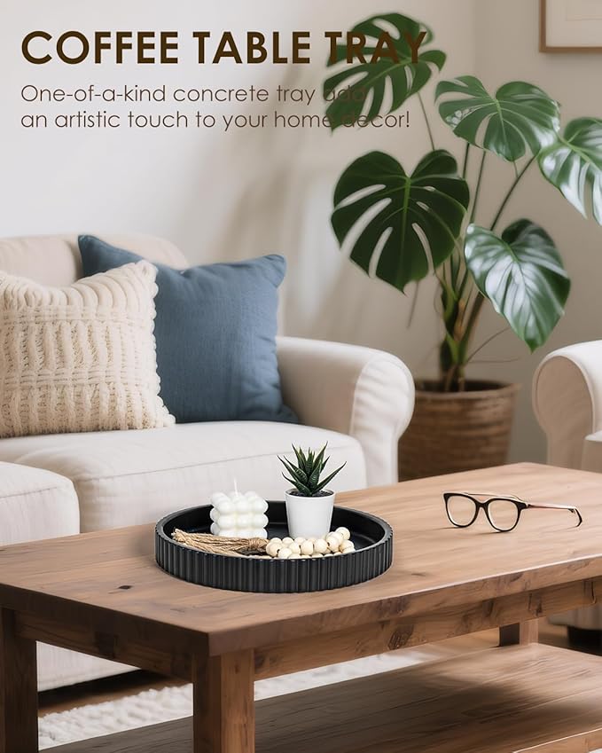 Concrete Coffee Table Tray, 11" Decorative Tray for Home Decor, Sturdy Modern Centerpiece, Round Serving Tray with Fluted Edge, Black