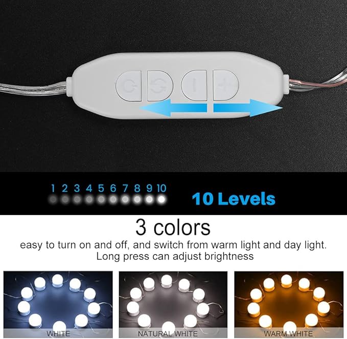 10 LED Mirror Light Bulbs, Three Color Temperature Dimmable Makeup Mirror Light Kit, USB Powered Beauty Tabletop Lamp with Touch Control, Adjustable Brightness for Vanity Dresser
